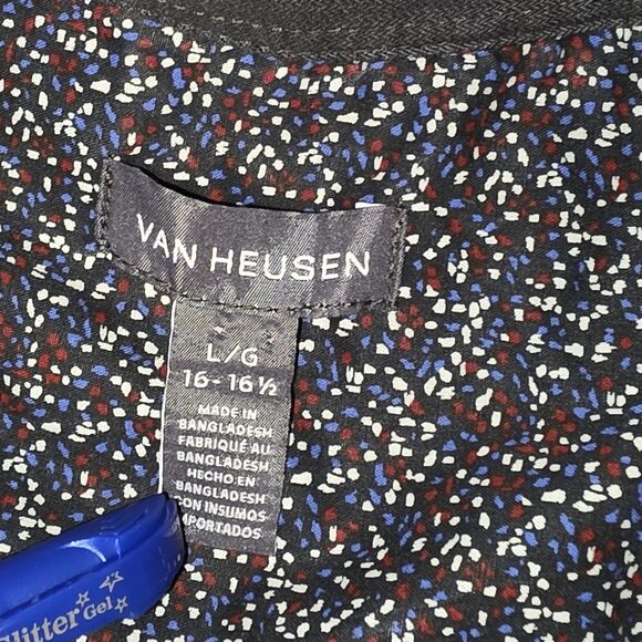 Van Heusen Men's Button Down Large, Blue White Red Speckles Long Sleeve Slim Fit - Picture 4 of 5